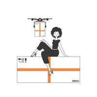 das Mädchen sendet ein Paket mit ein Drohne. Luft Lieferung Konzept. linear Stil. isoliert auf Weiß Hintergrund. Vektor Illustration.