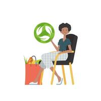 ein Frau sitzt Nächster zu ein Paket von gesund Essen und Weiterleitungen das eko Symbol. isoliert auf Weiß Hintergrund. Trend Vektor Illustration.