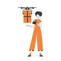 ein Frau liefert ein Paket mit ein Drohne. Luft Lieferung Konzept. linear modern Stil. isoliert auf Weiß Hintergrund. Vektor Illustration.