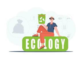 en man sitter och innehar en skräp kan i hans hand. de begrepp av ekologi och återvinning. trendig karaktär stil. vetcor. vektor