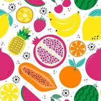 handritade söta sömlösa mönsterfrukter, apelsin, banan, granatäpple, körsbär, jordgubbe, ananas, vattenmelon, citron och blad på vit bakgrund. vektor illustration.