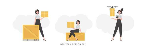 uppsättning av en flicka med en låda och en paket. de begrepp av frakt leverans. platt modern stil. vektor illustration.