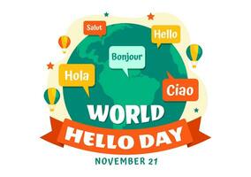 Welt Hallo Tag Vektor Illustration auf November 21 von Rede Luftblasen mit anders Sprachen von alle Über das Land im eben Karikatur Hintergrund