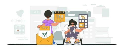 ett elegant flicka och en kille är engagerad i betalande skatter. grafisk illustration på de tema av beskatta betalningar. vektor