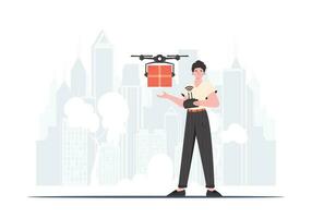 ein Mann Kontrollen ein Drohne mit ein Paket. Lieferung Thema. eben modern Design. Vektor. vektor