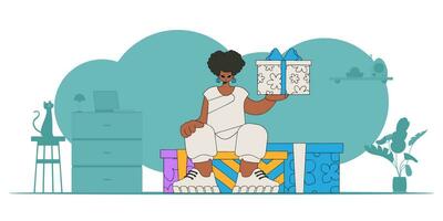 90er Jahre Stil. das Mädchen ist halten zwei Geschenke im ihr Hände. ein Frau sitzt auf Geschenk Boxen. das Konzept von das Urlaub und Geschenke. vektor