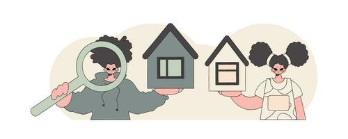 de begrepp av ägande en Hem. kille och flicka attraktiv fastighetsmäklare säljer en hus. vektor