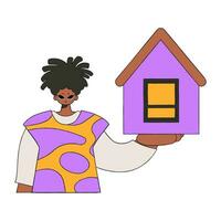 manlig fastighetsmäklare innehav en hus i hans händer. försäljning och ägande en hus. vektor