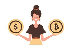 ein Frau hält ein Münze von Bitcoin und Dollar im ihr Hände. Charakter mit ein modern Stil. vektor
