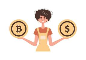 ein Frau hält im ihr Hände ein Bitcoin und ein Dollar im das bilden von Münzen. Charakter im modern modisch Stil. vektor