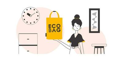 das Konzept von ökologisch Taschen und Plastik. ein Frau hält ein Öko-Paket im ihr Hände. lineart Stil. vektor