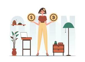 kryptovaluta begrepp. en kvinna innehar en mynt av bitcoin och dollar i henne händer. karaktär i modern trendig stil. vektor