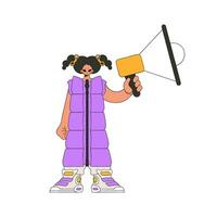 ein Mädchen mit ein Megaphon, symbolisieren das Suche zum Menschen im das Arbeit Markt. Mensch Zeichnung. vektor