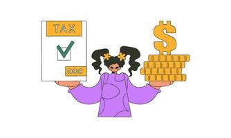 en trendig kvinna innehar en beskatta form och mynt i henne händer. de ämne av betalande skatter. vektor