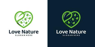 Liebe Natur Logo Design Vorlage. Herz Logo mit Blatt Design Grafik Vektor Illustration. Symbol, Symbol, kreativ.