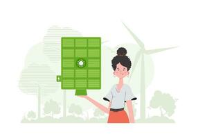 grön energi begrepp. en kvinna innehar en sol- panel i henne hand. trendig stil. vektor illustration.