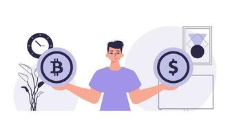 de begrepp av brytning och extraktion av bitcoin. en man innehar en bitcoin och en dollar i de form av mynt i hans händer. karaktär i trendig stil. vektor