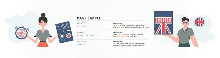 Vergangenheit einfach. Regel zum das Studie von Zeiten im Englisch. das Konzept von Lehren Englisch. Trend Charakter eben Stil. Vektor. vektor