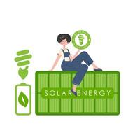 ein Frau sitzt auf ein Solar- Panel und hält das Öko Logo im ihr Hände. das Konzept von Ökologie und Grün Energie. isoliert auf Weiß Hintergrund. modisch Stil. Vektor Illustration.