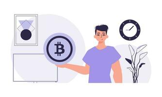 de begrepp av brytning och extraktion av bitcoin. en man innehar en bitcoin i de form av en mynt i hans händer. karaktär i trendig stil. vektor