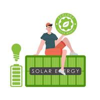 de kille sitter på de sol- panel och innehar de eco logotyp i hans händer. de begrepp av ekologi och grön energi. isolerat på vit bakgrund. vektor trend illustration.