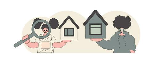de begrepp av Hem äganderätt. kille och flicka fastighetsmäklare säljer en hus. vektor