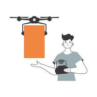 ein Mann sendet ein Paket mit ein Drohne. Luft Lieferung Konzept. linear modern Stil. isoliert auf Weiß Hintergrund. Vektor Illustration.