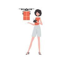 das Konzept von Ladung Lieferung durch Luft. ein Frau Kontrollen ein Drohne mit ein Paket. isoliert auf Weiß Hintergrund. Vektor Illustration.