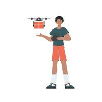 das Konzept von Ladung Lieferung durch Luft. ein Mann Kontrollen ein Drohne mit ein Paket. isoliert auf Weiß Hintergrund. Vektor Illustration.