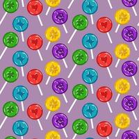 nahtlos Lutscher Muster auf ein Süßigkeiten Stock, handgemalt Vektor Illustration mit eben farbig Süßigkeiten. Süßigkeiten mit anders Bilder und Aromen Zitrone, Kirsche, Apfel, Blaubeere, Traube auf ein lila