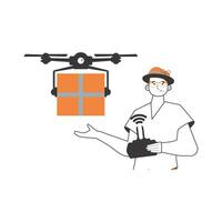 ein Mann sendet ein Paket mit ein Drohne. Luft Lieferung Konzept. minimalistisch linear Stil. isoliert auf Weiß Hintergrund. Vektor Illustration.