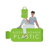 ein Mann sitzt auf ein Flasche gemacht von biologisch abbaubar Plastik und hält ein Öko Tasche im seine Hände. Konzept von Grün Welt und Ökologie. isoliert auf Weiß Hintergrund. Mode Trend Illustration im Vektor. vektor