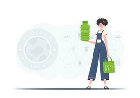 das Konzept von Ökologie und Pflege zum das Umfeld. ein Frau hält ein Flasche gemacht von biologisch abbaubar Plastik im ihr Hände. Mode Trend Illustration im Vektor. vektor