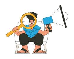 ett attraktiv kille sitter i en stol och innehar en megafon. lämplig för använda sig av i kommunikation eller protest tematiska projekt. vektor
