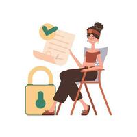 ein Frau sitzt im ein Stuhl und hält ein dokumentieren im ihr Hände. Clever Vertrag. Daten Schutz. modern Stil Charakter. vektor