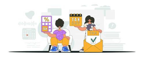 elegant Mädchen und Kerl zeigen bezahlen Steuern. Grafik Illustration auf das Thema von MwSt Zahlungen. vektor