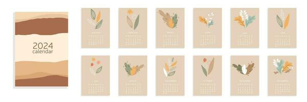 abstrakt Natur Kalender 2024 a4. Woche Start von Sonntag. abstrakt Pastell- verlassen und Blume Kalender 2024. Vektor Illustration.