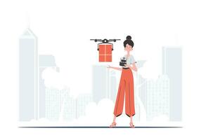 ein Frau Kontrollen ein Drohne mit ein Paket. Lieferung Konzept. eben modern Design. Vektor. vektor
