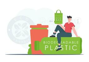 begrepp av grön värld och ekologi. de kille sitter på en flaska tillverkad av biologiskt nedbrytbar plast och innehar ett eco väska i hans händer. trend style.vector illustration. vektor