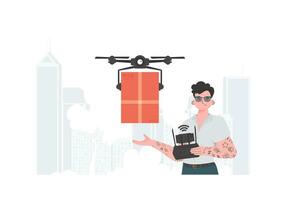 en man kontroller en quadcopter med en paket. leverans tema. trendig stil. vektor illustration.