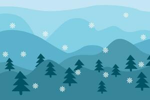 Schnee Winter Landschaft mit Tanne Baum und Schneeflocken. Vektor eben Illustration. Beste verwenden zum Urlaub oder Winter Thema Design. Farbe saisonal schneebedeckt Hintergrund zum Poster, Postkarte, Banner, Dekoration.
