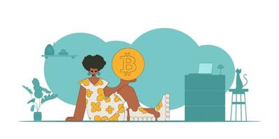 das Mädchen ist halten ein Bitcoin Münze. Kryptowährung und Fiat Austausch Konzept. vektor