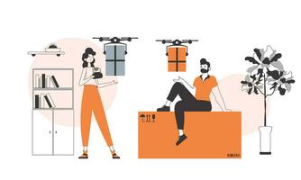 ein Mann und ein Frau, das Mannschaft liefert das Paket durch Drohne. das Konzept von Ladung Lieferung durch Luft. linear modern Stil. vektor