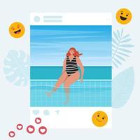 Social-Media-Influencer. Bloggerin im Sommer im sozialen Profilrahmen. Sommer-Selfie-Konzept. verschiedene Symbole für soziale Netzwerke. flache vektorillustration vektor