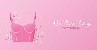 National Nein BH Tag. Vektor horizontal Netz Banner, Poster, Abdeckung. Rosa bustier oben BH mit Kräuter isoliert auf Rosa Hintergrund. Brust Krebs Bewusstsein. Nein BH Tag, Oktober 13. Brust Gesundheit Pflege.