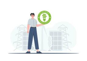 das Konzept von Ökologie und Grün Energie. ein Mann hält das Öko Logo im seine Hände. Vektor Trend Illustration.