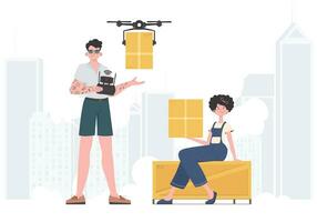 Lieferung Thema. das Drohne ist Transportieren das Paket. Mann und Frau mit Karton Boxen. Vektor Illustration.