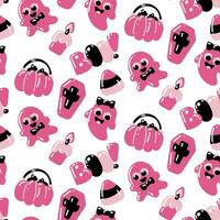 sömlös mönster i rosa och svart färger för halloween. spöke, flicka, pojke, bua, korg av sötsaker, Kista, godis på en vit bakgrund vektor illustration i tecknad serie stil. Semester förpackning, fest