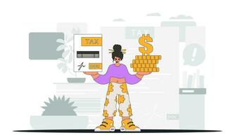 modern kvinna innehav en beskatta form och mynt i henne händer. grafisk illustration på de tema av beskatta betalningar. vektor