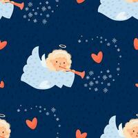 jul sömlös mönster med söt ängel flicka med rör på blå bakgrund med snöflingor. vektor illustration i tecknad serie stil. söt xmas barn samling.